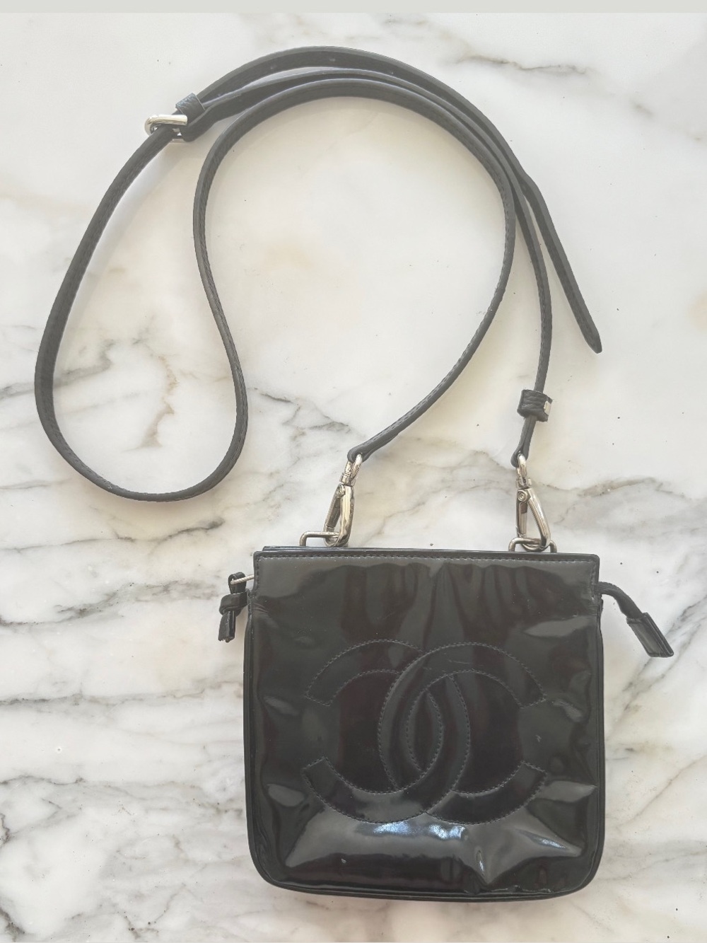 CHANEL Black Patent Leather Converted Belt Crossbody Mini Bag